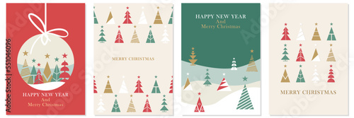 Merry Christmas and Happy New Year Set of greeting cards, posters, holiday covers. Modern Xmas design with triangle firs pattern in green, red, white colors. Christmas tree, ball, decoration elements