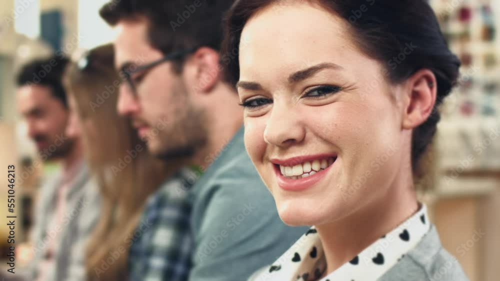 Interview, business and face of a woman at a company, work recruitment and employee smile in a line. Human resources, happy and worker laughing at a corporate agency hiring for their office team Interview, business and face of a woman at a company, work recruitment and employee smile in a line. Human resources, happy and worker laughing at a corporate agency hiring for their office team
