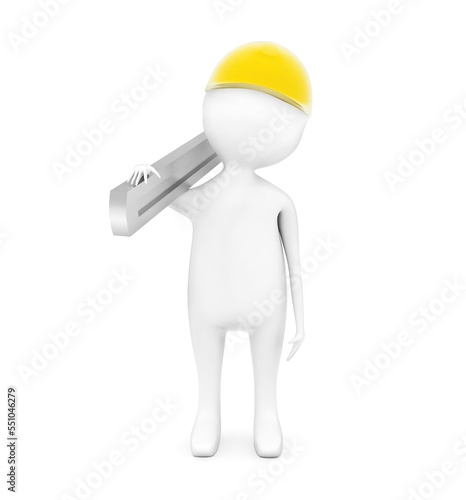 3d man wearing safety helmet and holding a wrench over his shoulder by his hand concept