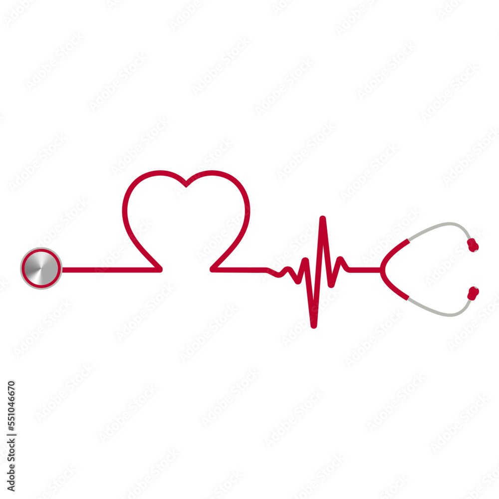 Illustration of a red stethoscope with a heart and a pulse on a white background.