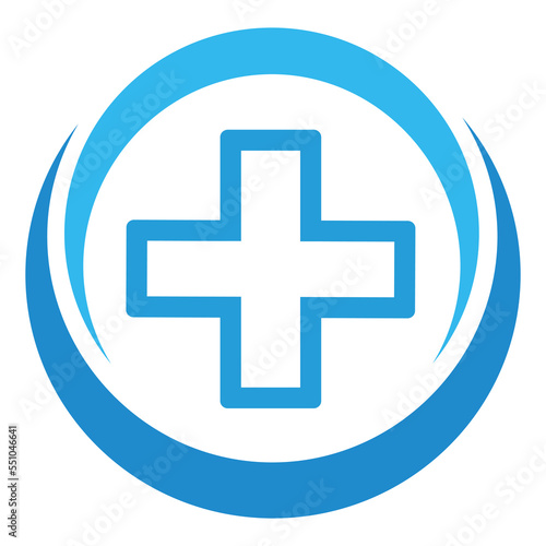 Creative illustration of a blue medical cross in a circle on a white background.