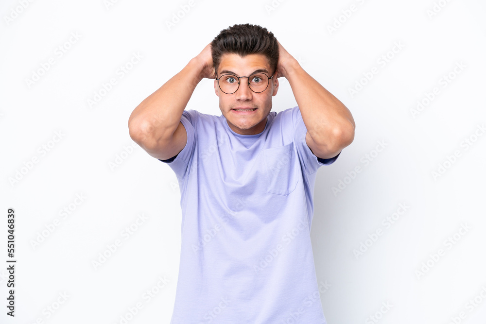 Young caucasian man isolated on white background doing nervous gesture Young caucasian man isolated on white background doing nervous gesture