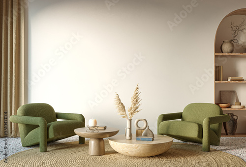 Minimalist interior design on arch wall background. Wall mockup concept, 3d render photo