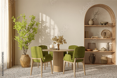 Fototapeta Naklejka Na Ścianę i Meble -  Minimalist interior design on arch wall background. Wall mockup concept, 3d render