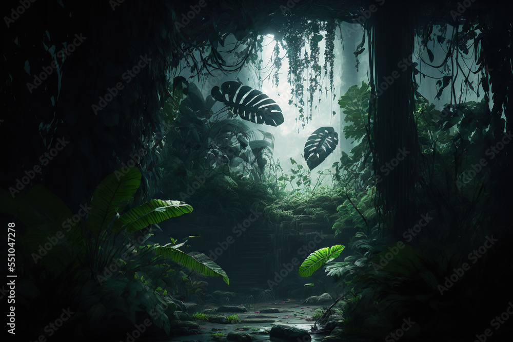 Dark excotic tropical jungle illustration	