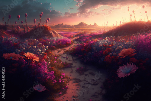 A meadow path through a blooming field, gorgeous sunset, fantasy landscape