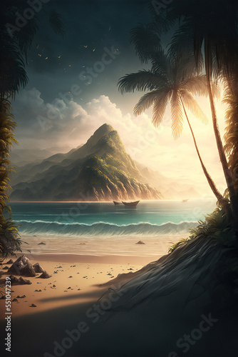 Sea beach with big palm trees and mountains on the horizon  tropical landscape