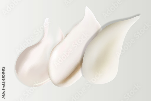 Realistic set of vector strokes of cosmetic cream. Smears of cosmetic white skin cream of various shapes and sizes, isolated on a transparent background. Top view