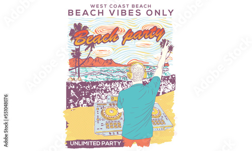 Beach vibes colorful graphics artwork. Summer dj party vector print design. Endless summer music tour. West coast, Beach party poster.