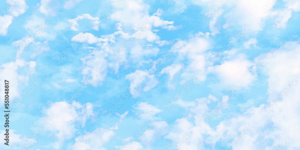 Blue nature sky with tiny clouds background.Blue Sky vector with gradient light white background. Beautiful puffy clouds in bright blue sky in day sunlight.