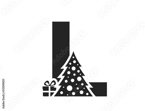 letter l with christmas tree and gift. initial letter for Christmas, new year and winter holiday design