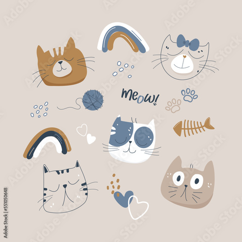 Cute cats doodle vector set. Cartoon cats or kittens characters design collection with different emotions. Set of funny pets and toys in flat vector.
