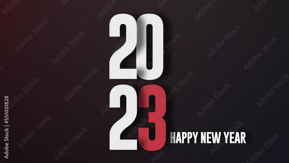 Happy new year. 2023 white text and number 3 red color text-shadow with paper split 4K animations on a black background. Happy new year. 2023 white text and number 3 red color text-shadow with paper split 4K animations on a black background.