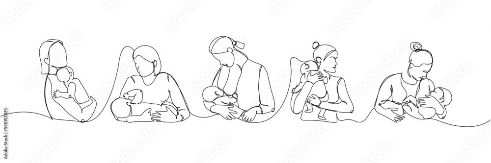 Set of mothers with children in his arms one line art. Continuous line drawing of newborn, motherhood, family, love, child, care, childhood, worries. Set of mothers with children in his arms one line art. Continuous line drawing of newborn, motherhood, family, love, child, care, childhood, worries.