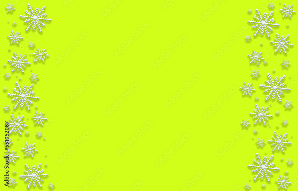 Winter green yellow saturated bright background with white snowflakes on two sides. Winter green yellow saturated bright background with white snowflakes on two sides.