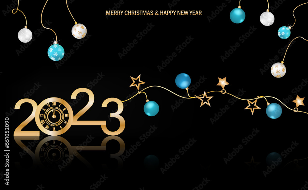Fototapeta premium Happy New Year 2023 with Luxury Clock New Year Shining background with gold clock.