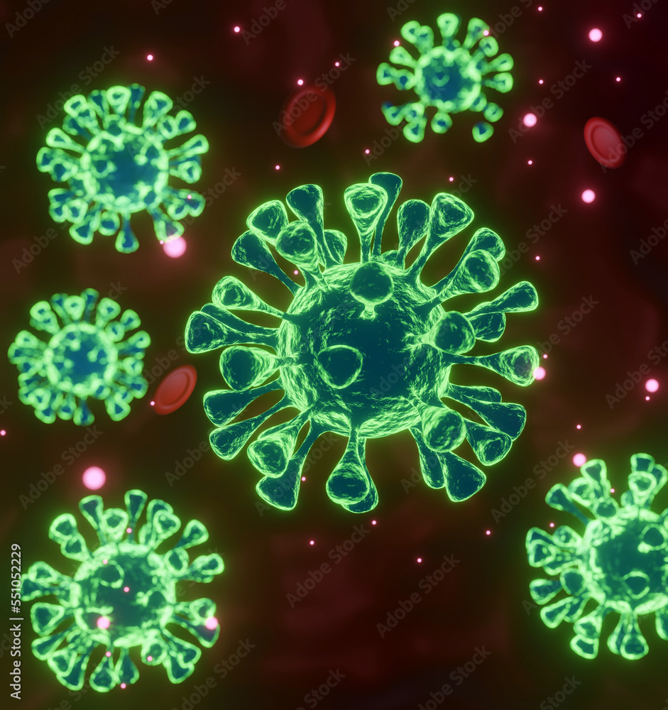 Coronavirus 3d render concept. Microscopic virus close up. 3d rendering,  Green covid 19 3d render model.