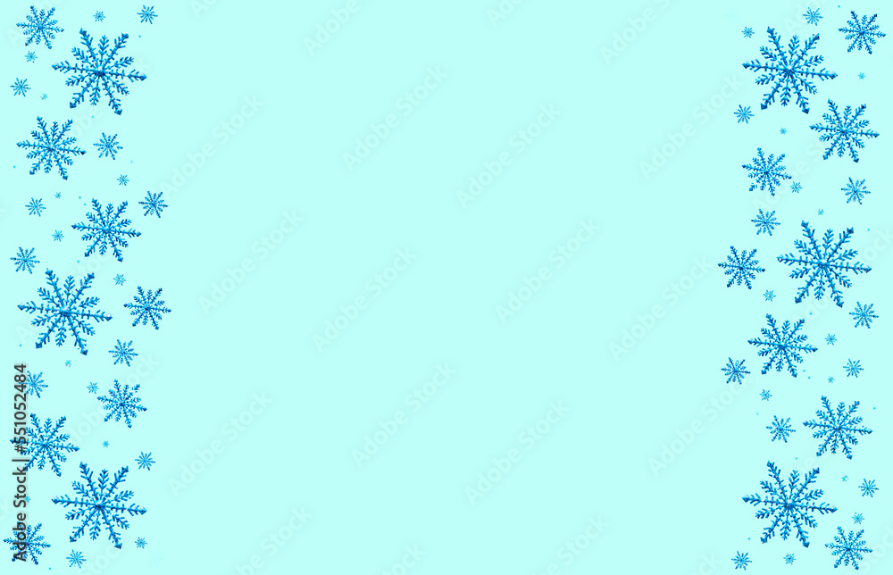 Winter blue aquamarine saturated bright background with random blue snowflakes two sideways. Christmas, New Year card with copy space. Winter blue aquamarine saturated bright background with random blue snowflakes two sideways. Christmas, New Year card with copy space.