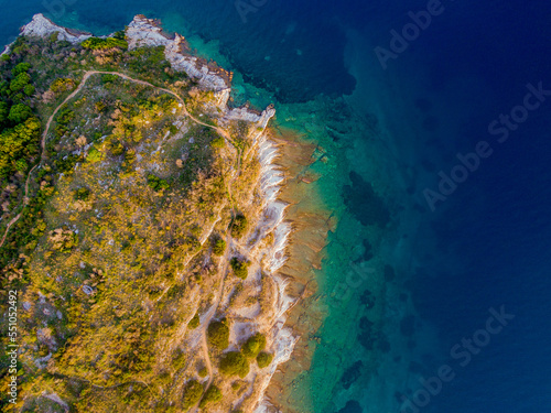 Aerial drone view of beautiful agios stefanos harbour in corfu greece