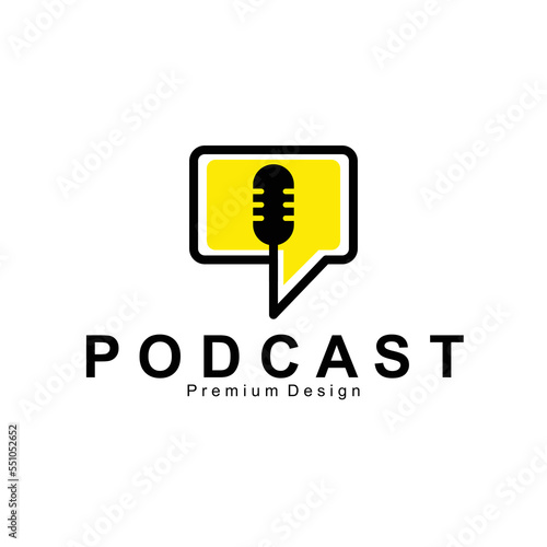 Simple Podcast or Radio Logo design using Microphone, mixed audio  broadcas and  chat or talk icon photo