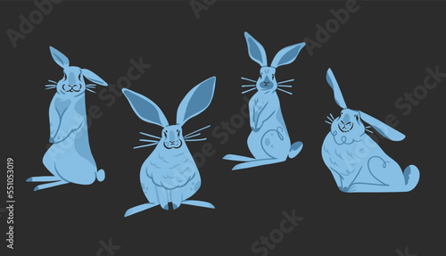 Hand drawn abstract vector graphic clipart illustration collection with blue adorable cute,realistic bunny characters.Trendy kids modern design concept.Vector contemporary New Year and Easter symbol.