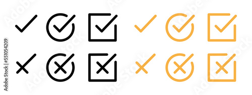 Ticks and crosses set icon. Checkmark, reject, rejection, confirm, confirmation, answer option, decline, test, agreement. Technology concept. Vector set line icon on white background