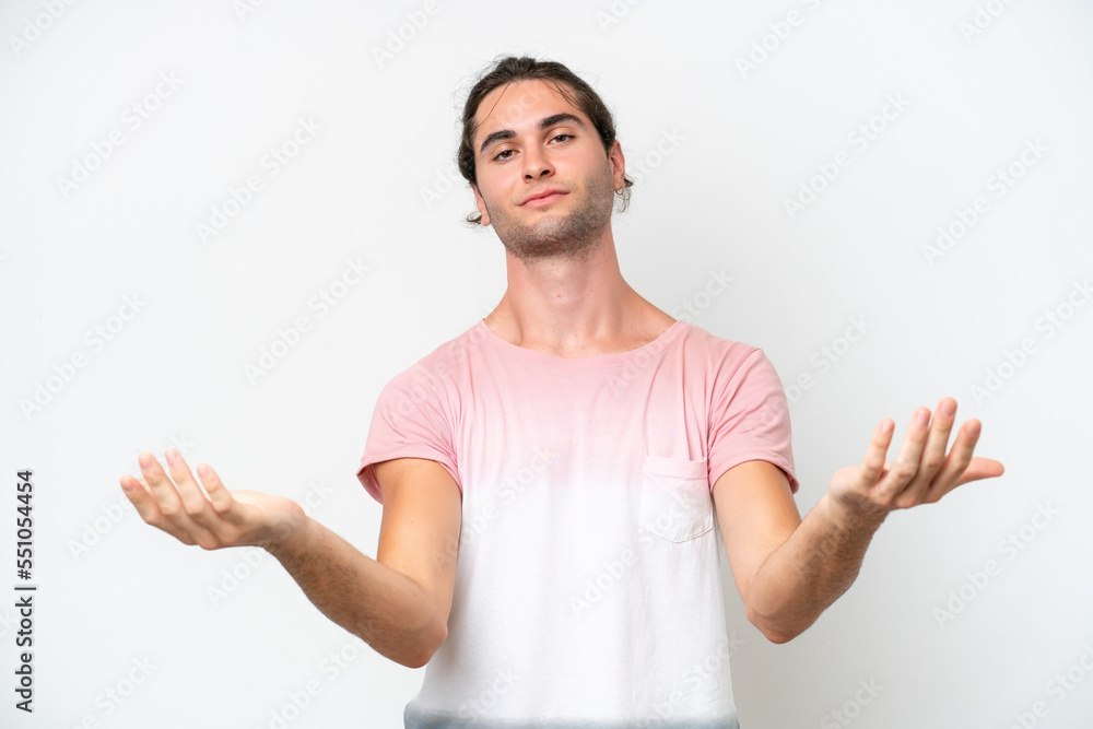 Caucasian handsome man isolated on white background having doubts Caucasian handsome man isolated on white background having doubts