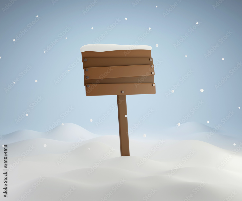 Fototapeta premium 3D illustration of Sign wood empty label set on the snow hill in winter season of december. for any text to added such as christmas holiday or happy new year.