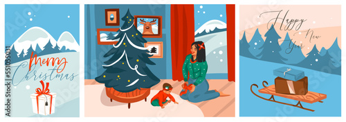 Hand drawn vector abstract graphic Merry Christmas and Happy new year clipart illustrations greeting card with happy female and baby child with xmas tree.Merry Christmas cute card design background.