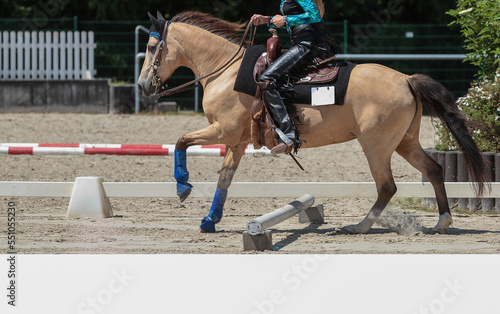 Horse Western pony with rider jumping over a pole, text box below..