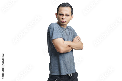 Asian man with shocked expression on isolated background holding copy space imaginary on the palm