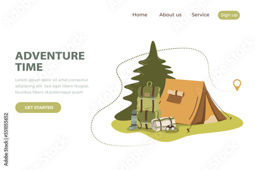 Flat summer camping landing page template. Vector illustration of a tent and tourist equipment in the forest. 