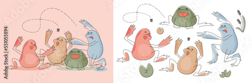 Vector graphics. A selection of different frogs. Different colors. Funny character. Children's drawing by hand. A template for your ideas.