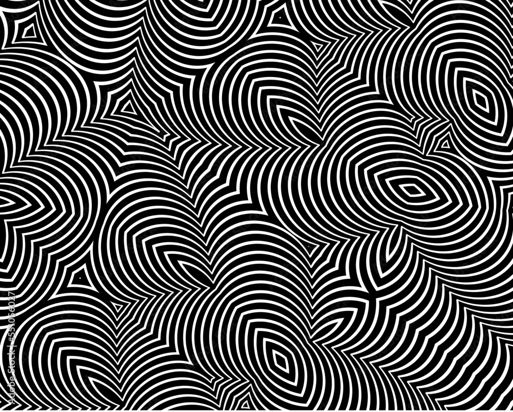 Abstract background with optical illusion wave. Black and white horizontal lines with wavy distortion effect for prints, web pages, template, posters, monochrome backgrounds and pattern