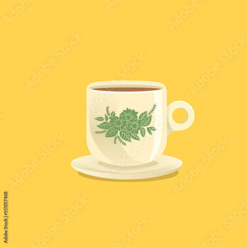 Vector illustration of Nanyang Traditional Coffee Cup and Saucer with vintage floral pattern.