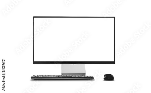 Desktop computer and keyboard and mouse isolated on white background.