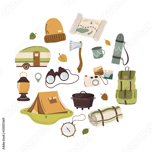 Camping kit with tent, backpack, compass, camera, axe, mat, binoculars, mobile home, kerosene lamp. Camping, travel concept. Vector illustration for poster, banner, and website. 
