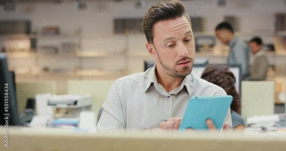 Tablet, creative or startup businessman in office for data analysis, marketing strategy research or information technology. Employee, digital or SEO worker for networking, software or app update Tablet, creative or startup businessman in office for data analysis, marketing strategy research or information technology. Employee, digital or SEO worker for networking, software or app update