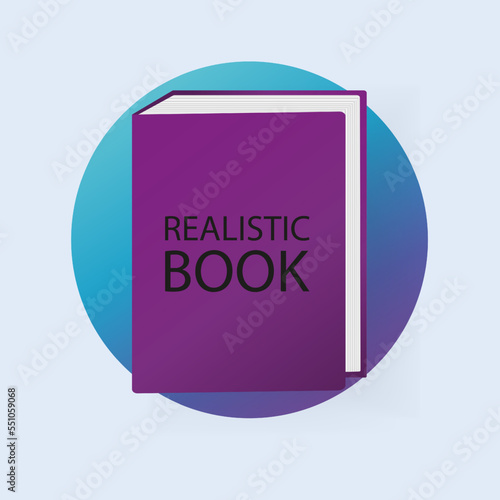 Realistic 3d book. Online, learning, paper, textbook, e book, binding, page, internet, worldwide, student, headphones, laptop. Learning concept. Vector illustration in circle