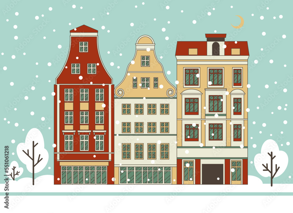 Stock vector flat Illustration of  houses, Germany. Snow, New Year, Xmas. Historical buildings in winter. Colorful old town. Travel landmark. Stylized flat illustration of an old European city.