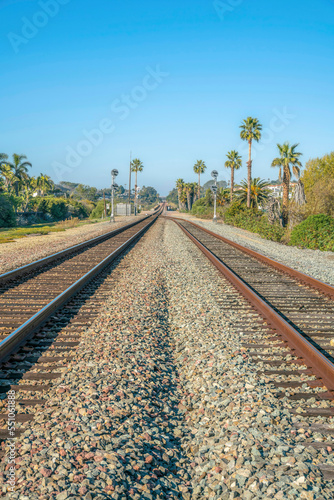 Rusty railway tracks on rocky road along homes against palm trees and blue sky
