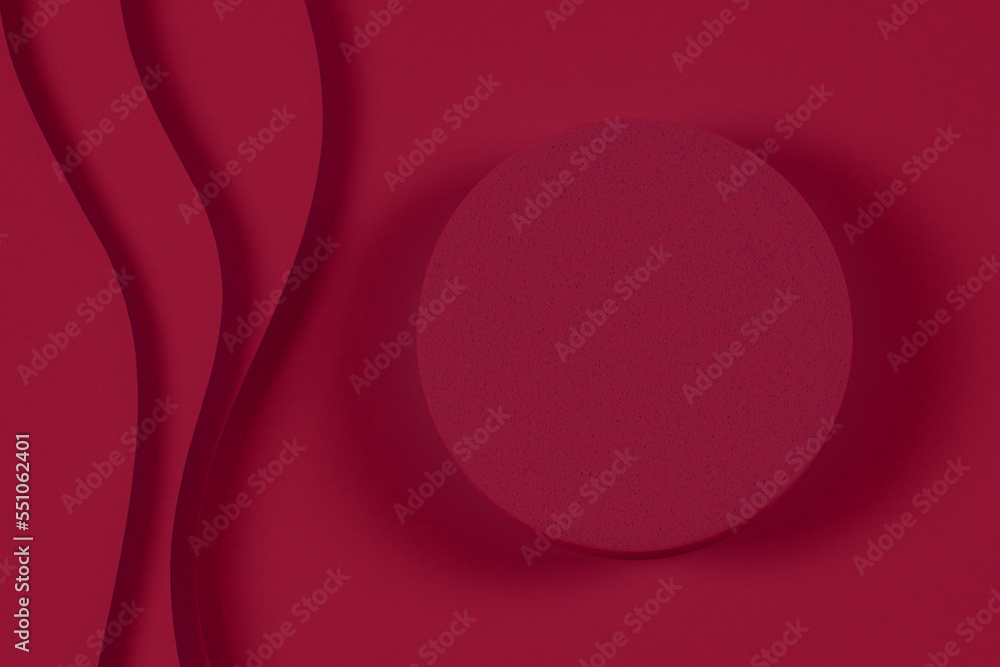 Blank round geometric shape cylinder podium platform on paper cut abstract red minimal geometric shape background. Top view mock up for product display. Viva magenta, color of 2023 year Blank round geometric shape cylinder podium platform on paper cut abstract red minimal geometric shape background. Top view mock up for product display. Viva magenta, color of 2023 year