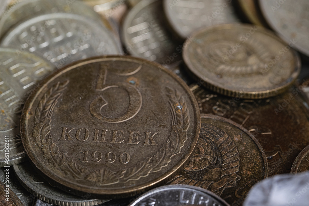Soviet and russian coins close-up. A bunch of coins. Coins of the USSR with a denomination of 3 kopecks and 2 kopecks, 15 kopecks, Soviet and russian coins close-up. A bunch of coins. Coins of the USSR with a denomination of 3 kopecks and 2 kopecks, 15 kopecks,