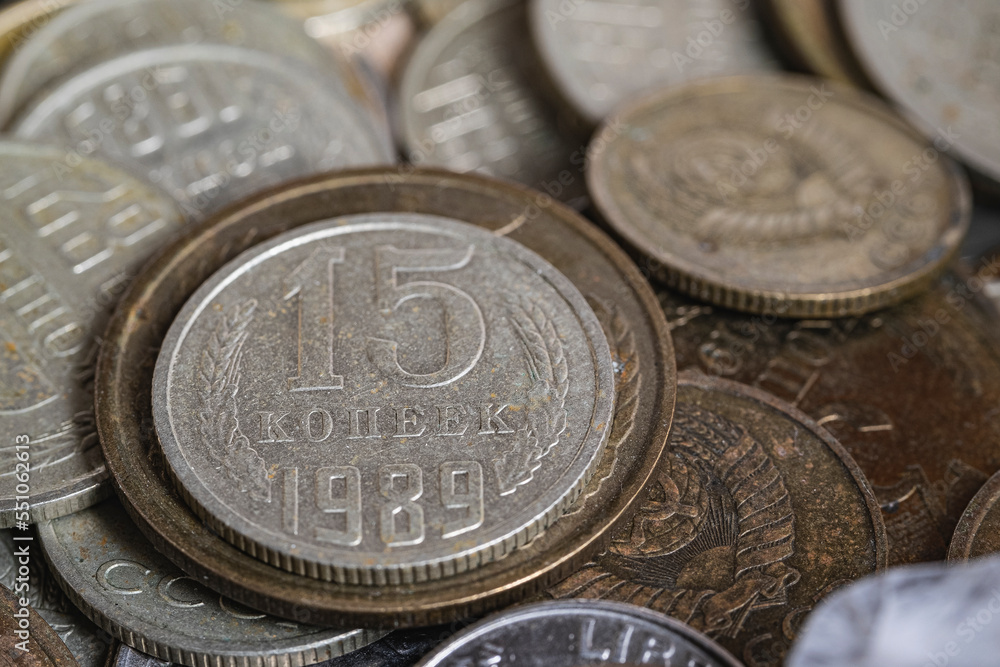 Soviet and russian coins close-up. A bunch of coins. Coins of the USSR with a denomination of 3 kopecks and 2 kopecks, 15 kopecks, Soviet and russian coins close-up. A bunch of coins. Coins of the USSR with a denomination of 3 kopecks and 2 kopecks, 15 kopecks,