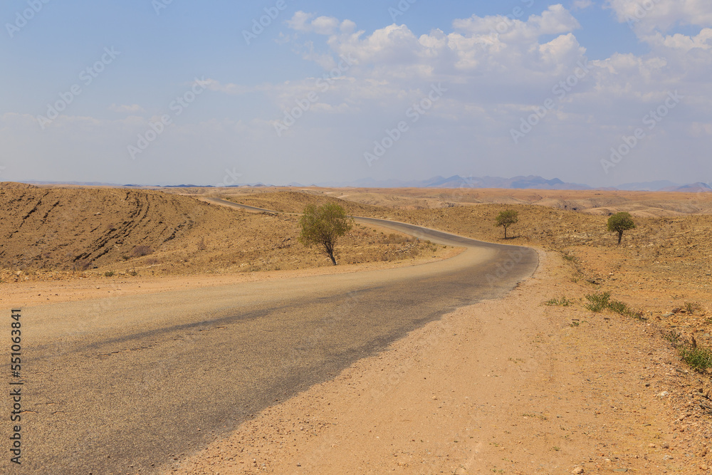 Namibian landscape along the gravel road. Namib-Naukluft National Park, Namibia.