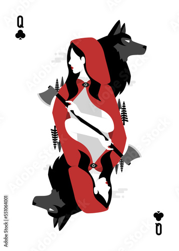 Queen of clubs playing card, red riding hood holding an axe with black wolf behind.