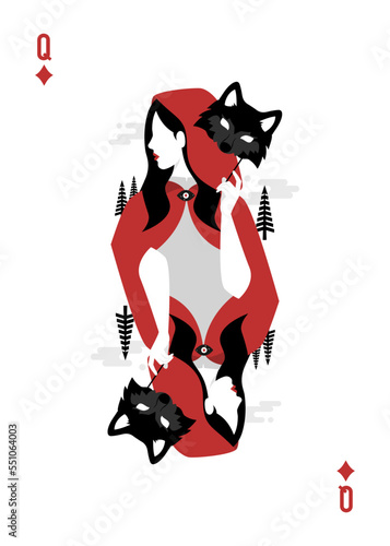 Queen of diamond playing card, red riding holding wolf mask.