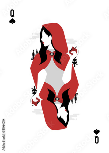 Queen of spades playing card, red riding holding wolf mask.