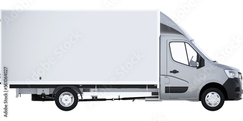 side view of 3d courier service delivery truck icon with blank sides ready formake  mockup custom text and logos on isolated empty background