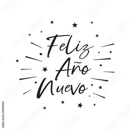 Spanish text Feliz Año Nuevo with fireworks and stars. Happy New Year. Vector illustration